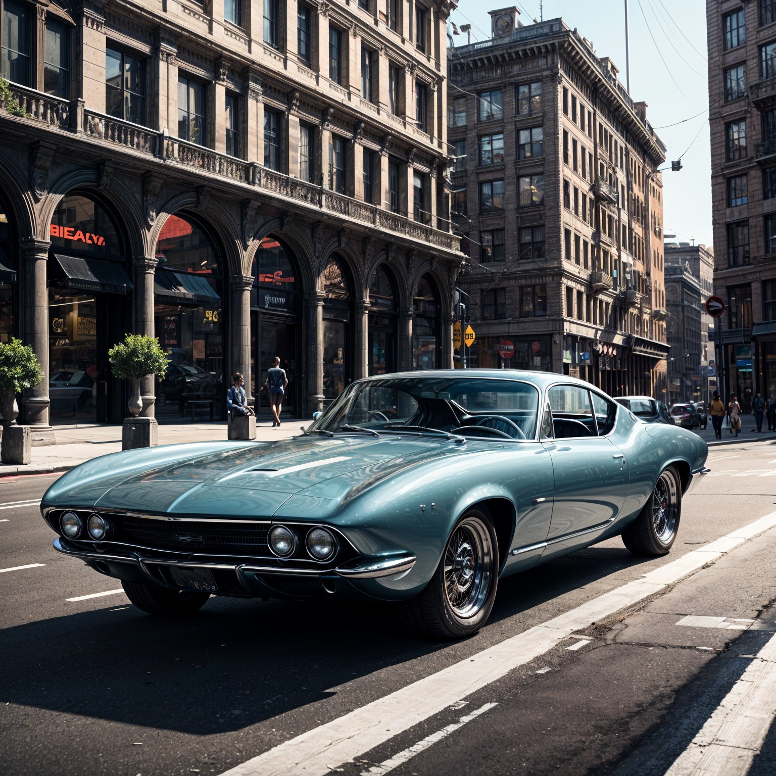 Vintage Blue Sports Car on Bustling City Street
