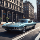 Vintage Blue Sports Car on Bustling City Street