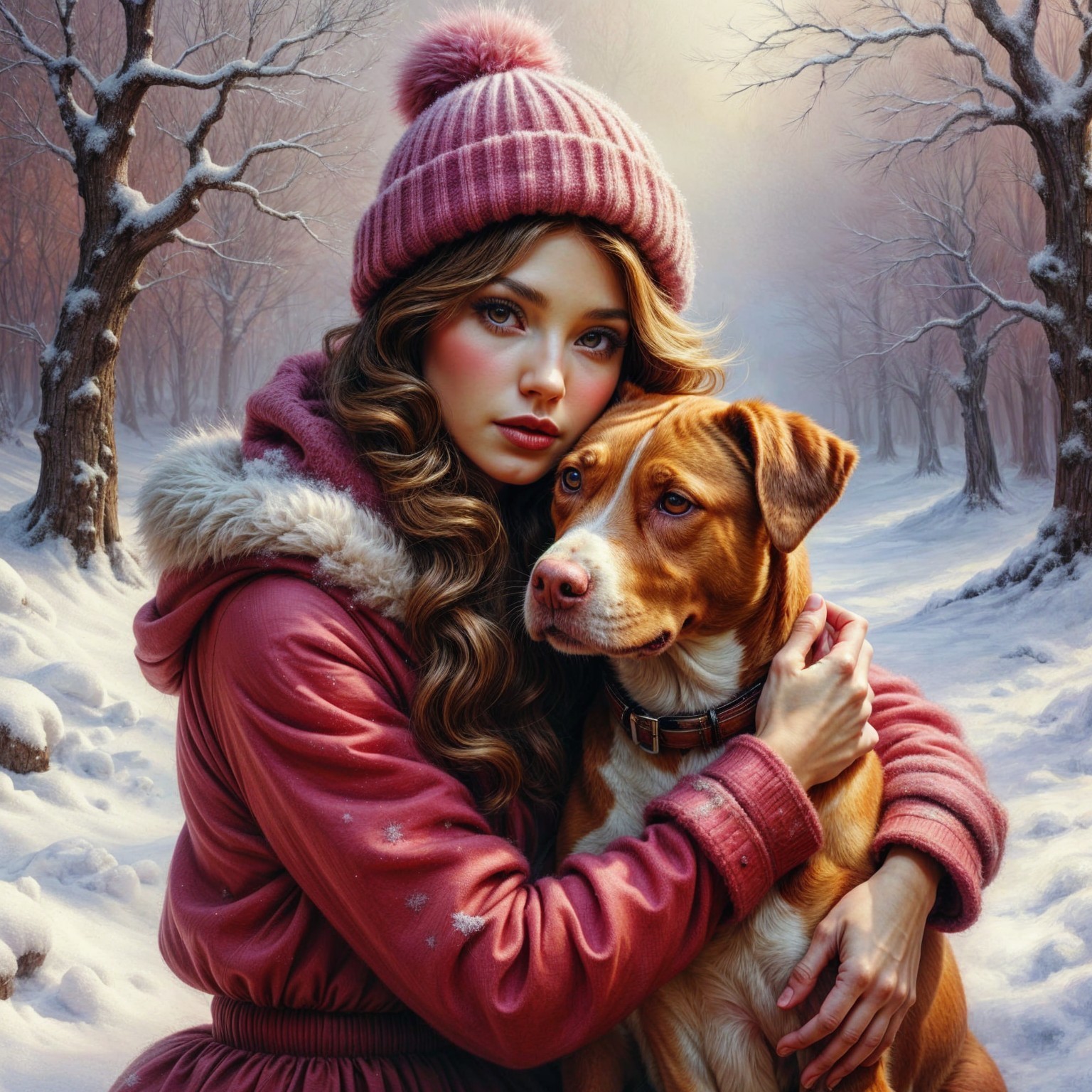 Young woman in winter attire with a dog in snow