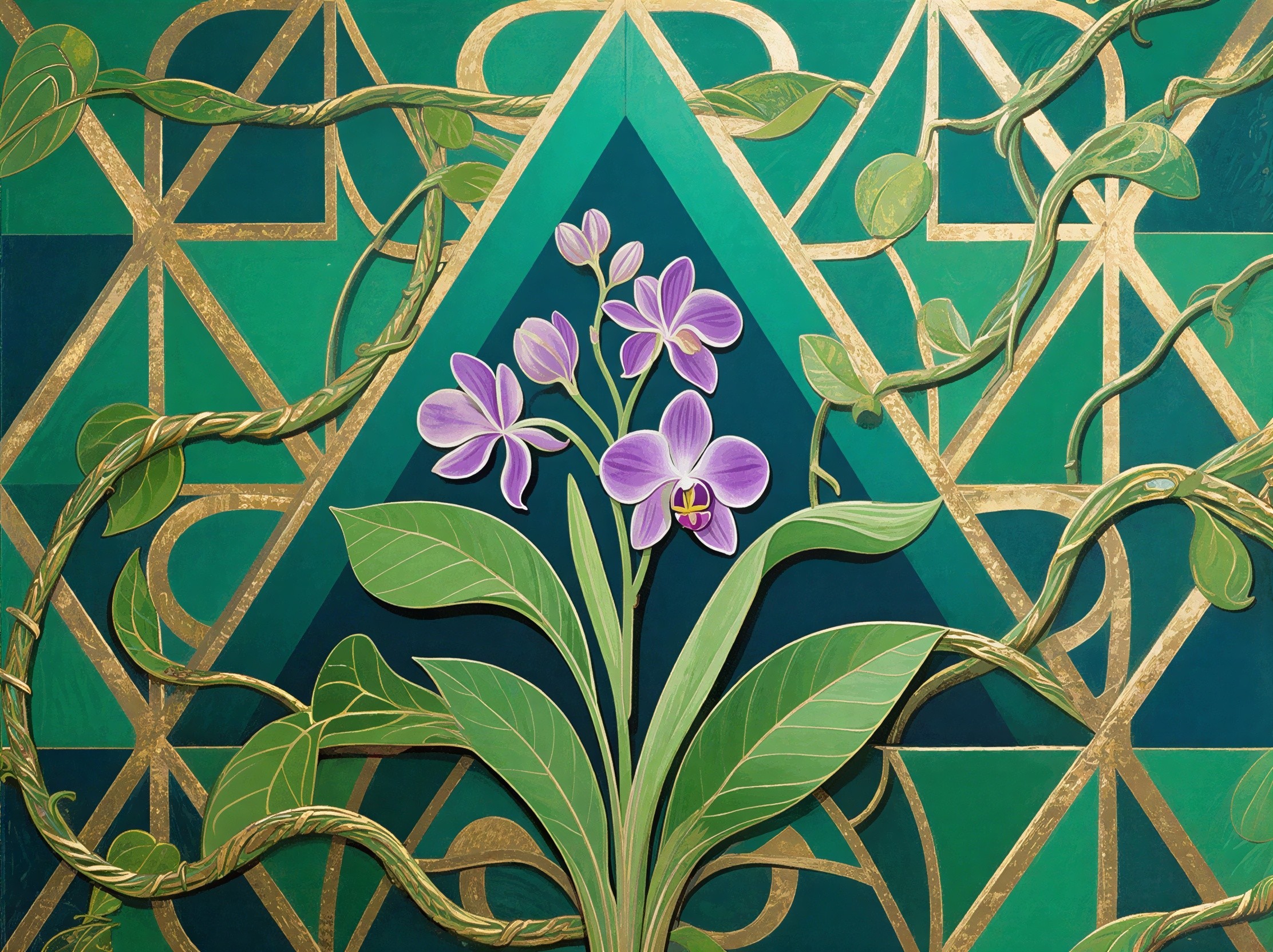 Intricate Relief Carving of Purple Orchids and Vines