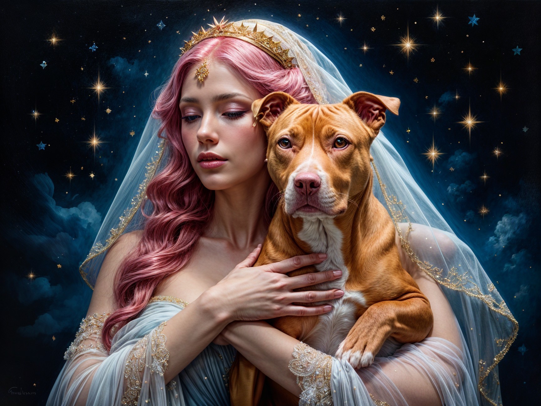 Serene Woman with Pink Hair and Loyal Pit Bull