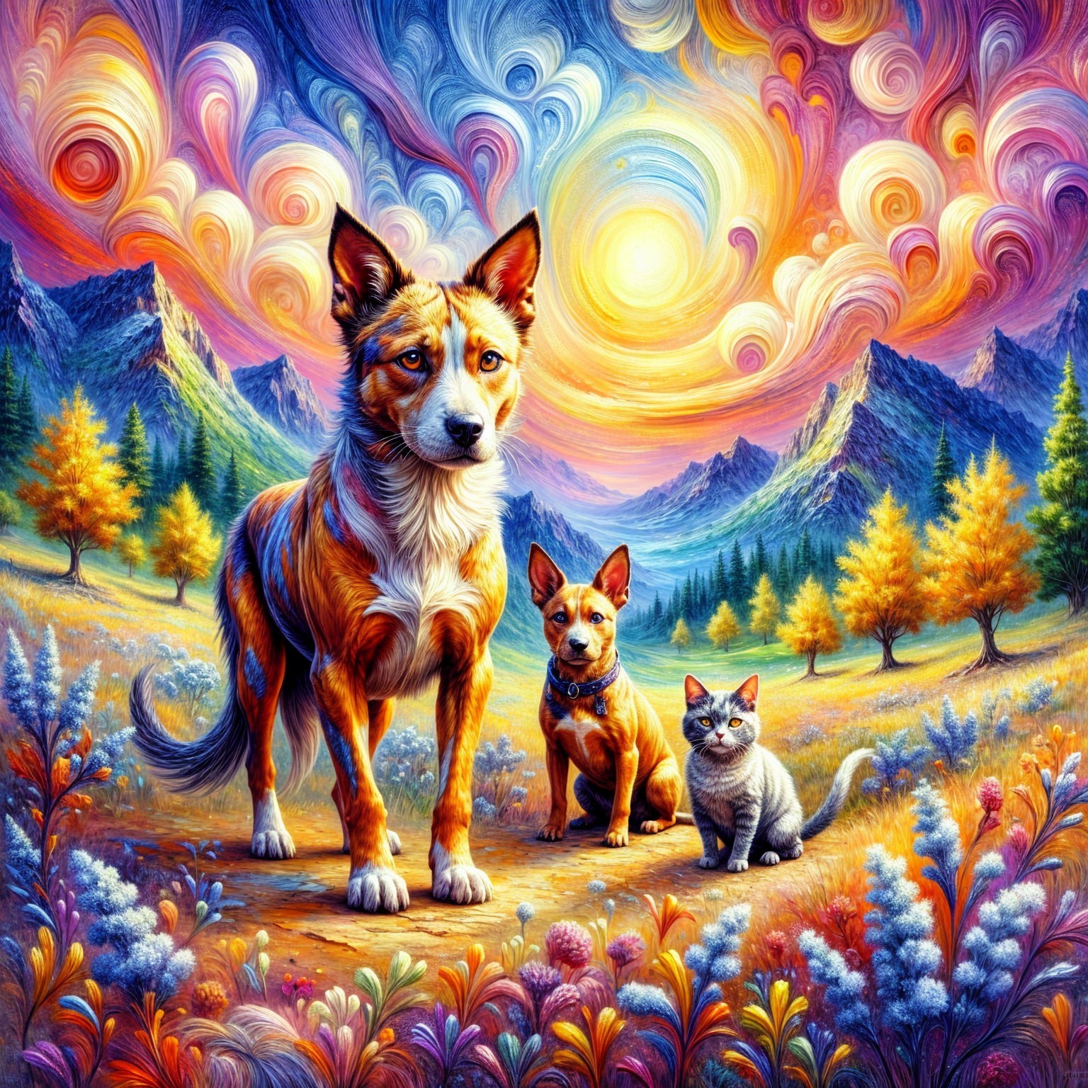Dogs and cat in vibrant landscape with mountains