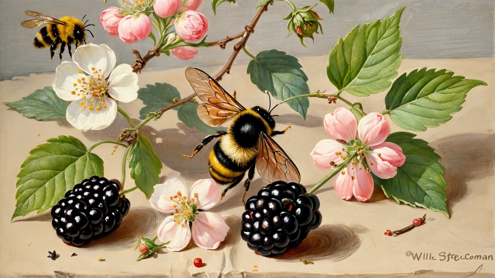 Vibrant Still Life of Bumblebees and Flowers
