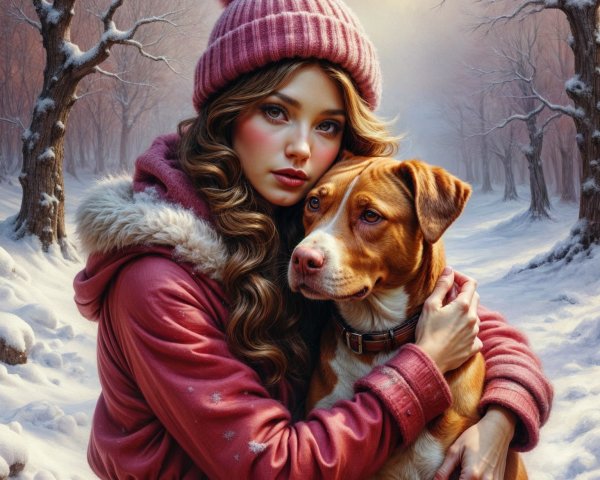 Young woman in winter attire with a dog in snow