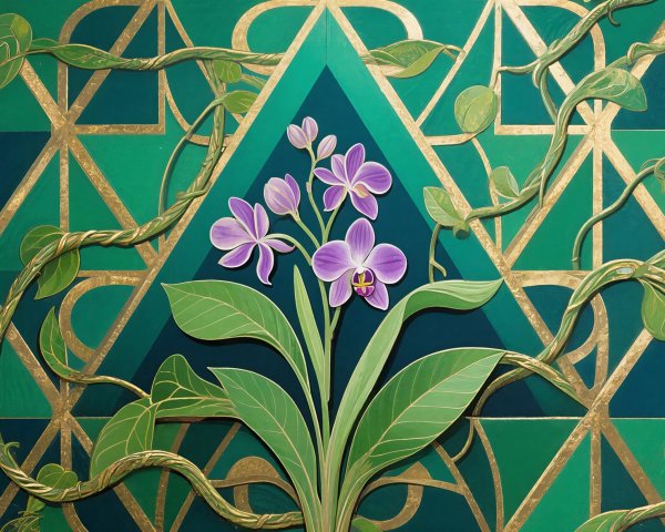 Intricate Relief Carving of Purple Orchids and Vines