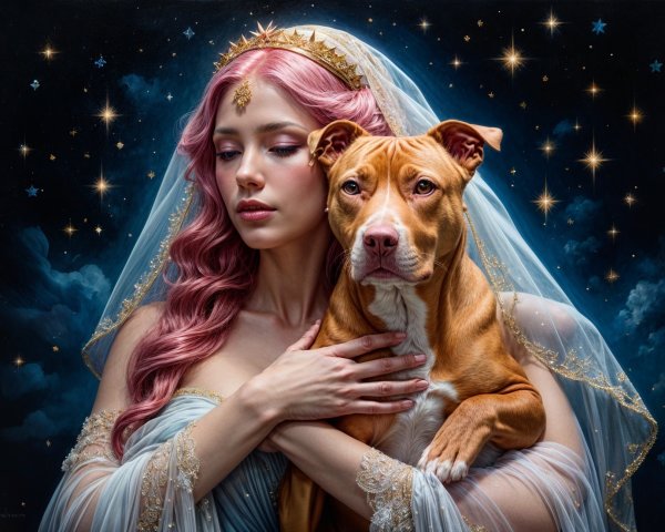 Serene Woman with Pink Hair and Loyal Pit Bull