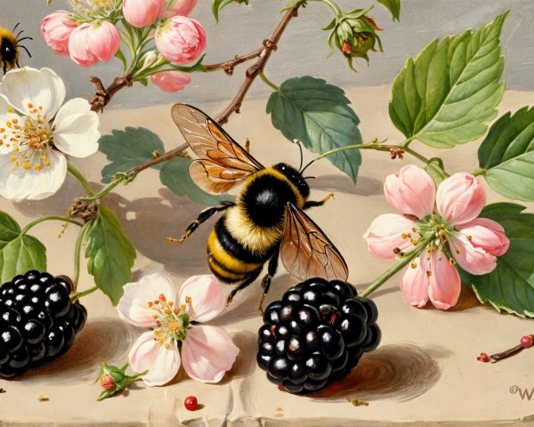 Vibrant Still Life of Bumblebees and Flowers