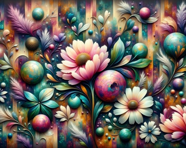 Colorful Abstract Painting with Flowers and Stripes