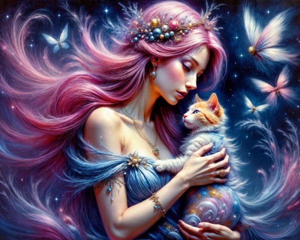 Whimsical Scene of Woman with Pink Hair and Cat