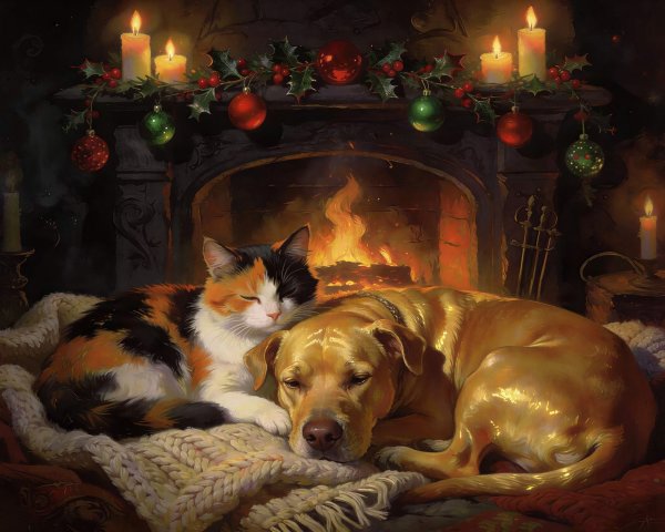Calico Cat and Golden Retriever Sleeping Together