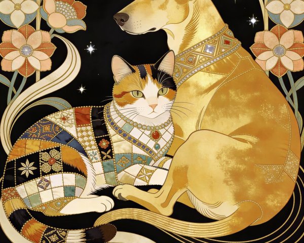 Art Deco Masterpiece with Golden Canine and Calico Cat
