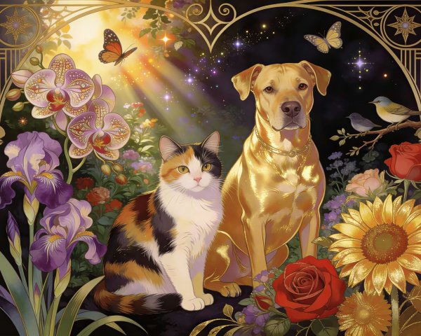Calico Cat and Golden Retriever in Floral Scene