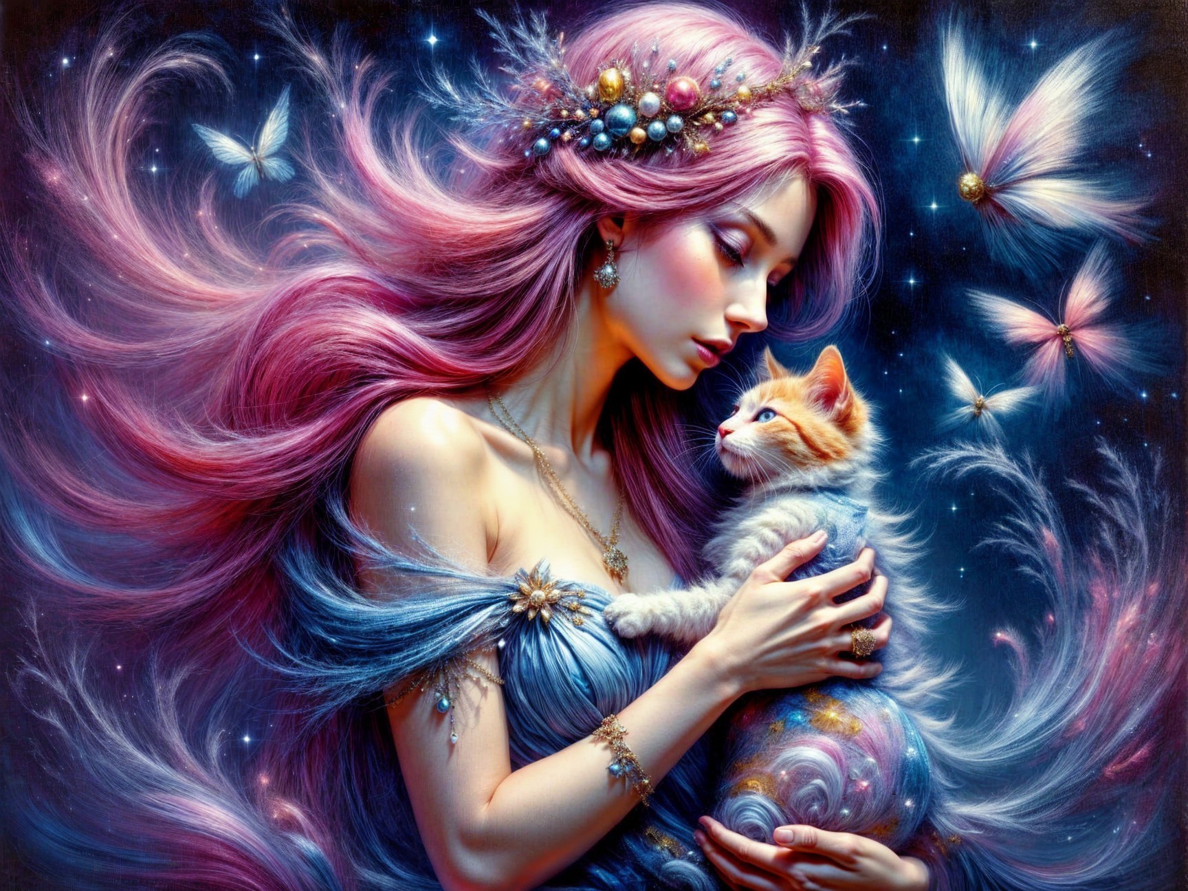 Whimsical Scene of Woman with Pink Hair and Cat