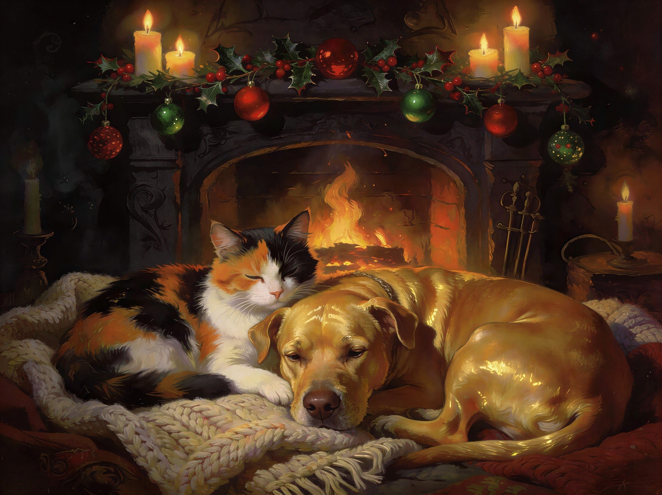Calico Cat and Golden Retriever Sleeping Together
