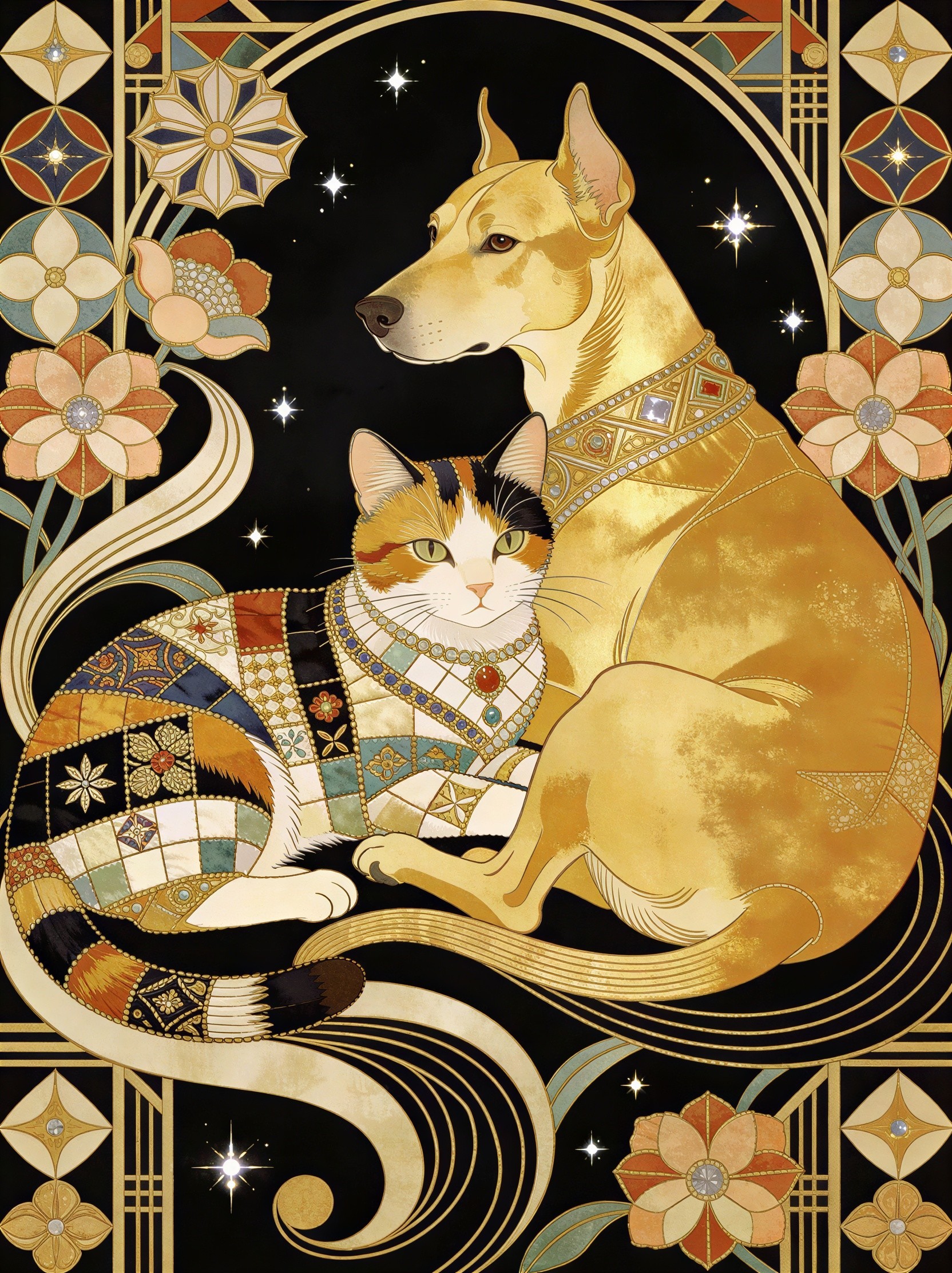 Art Deco Masterpiece with Golden Canine and Calico Cat