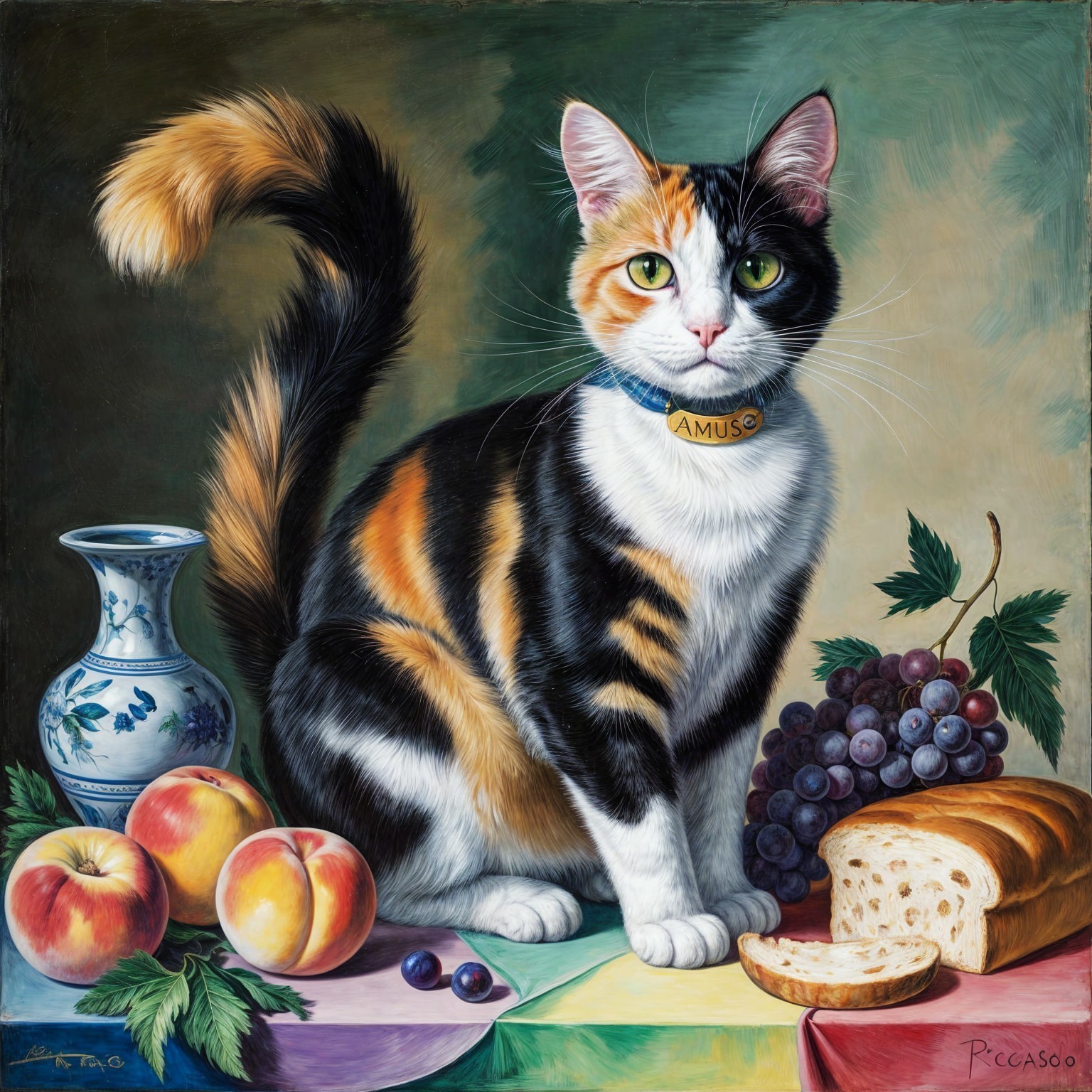 Calico Cat Still Life with Fruits and Vase