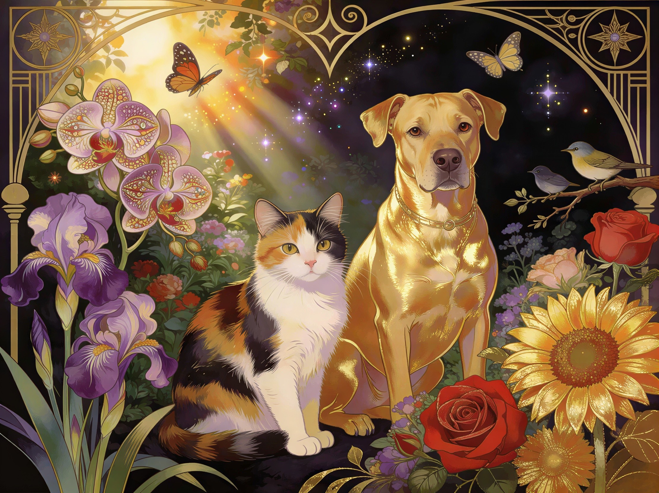 Calico Cat and Golden Retriever in Floral Scene