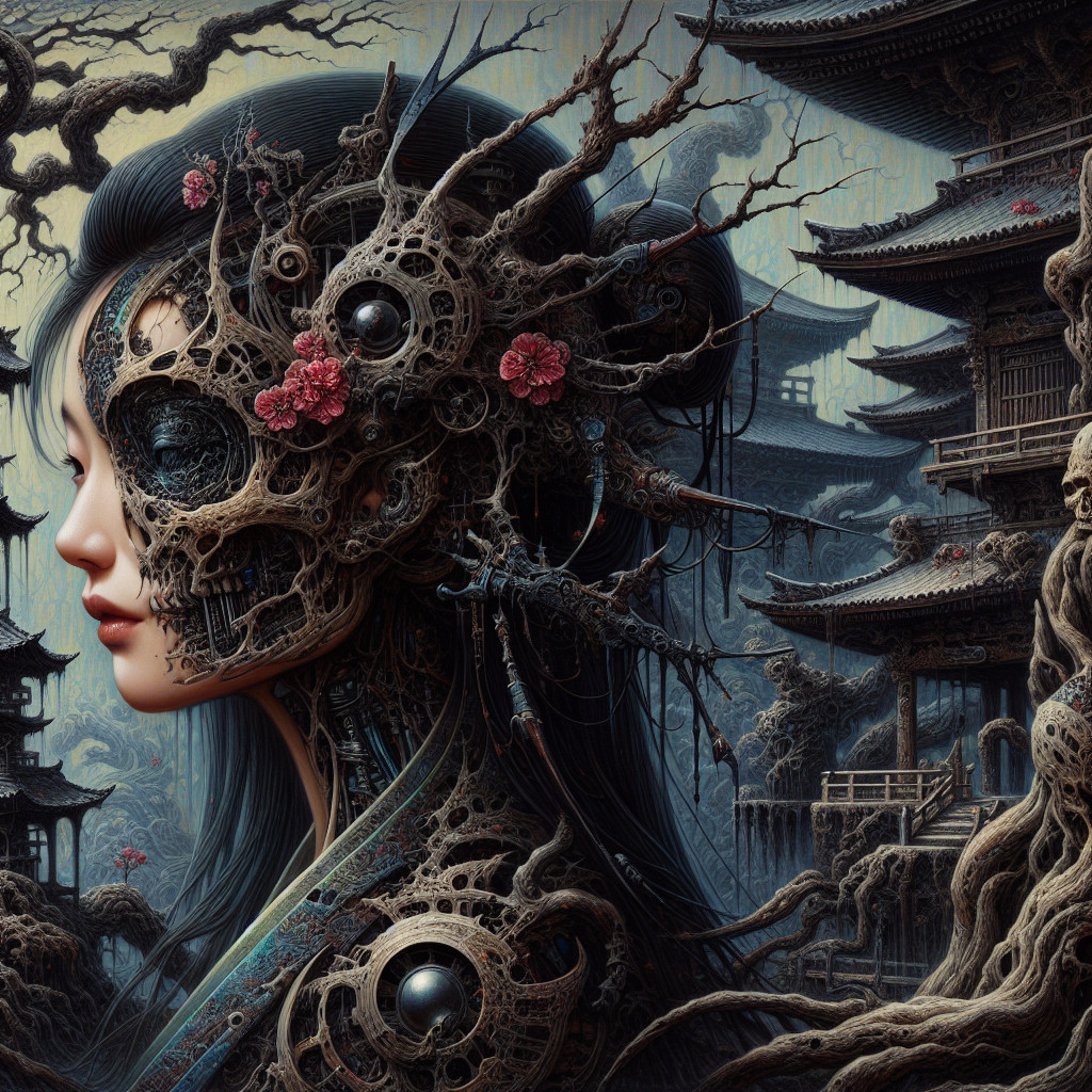 Mechanical Face with Organic Elements in Dreamlike Setting