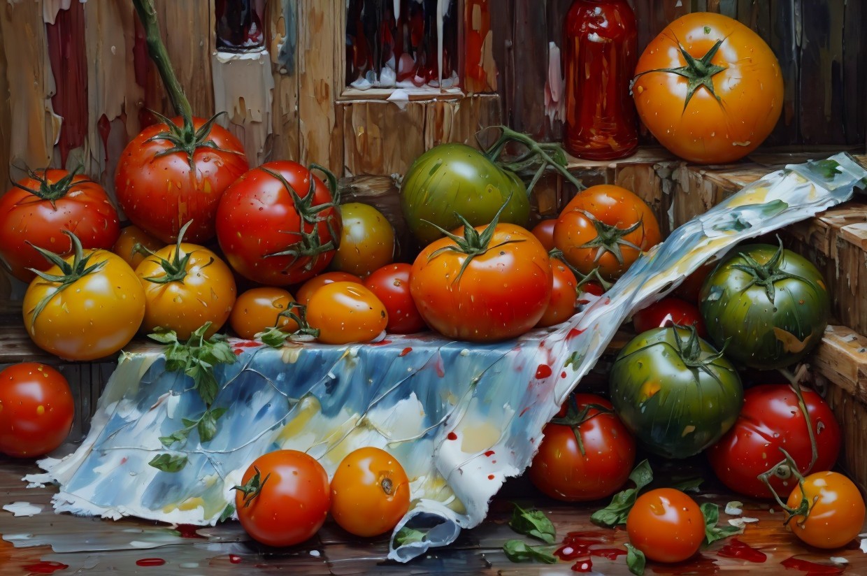 Vibrant Still Life of Ripe Tomatoes on Wooden Surface