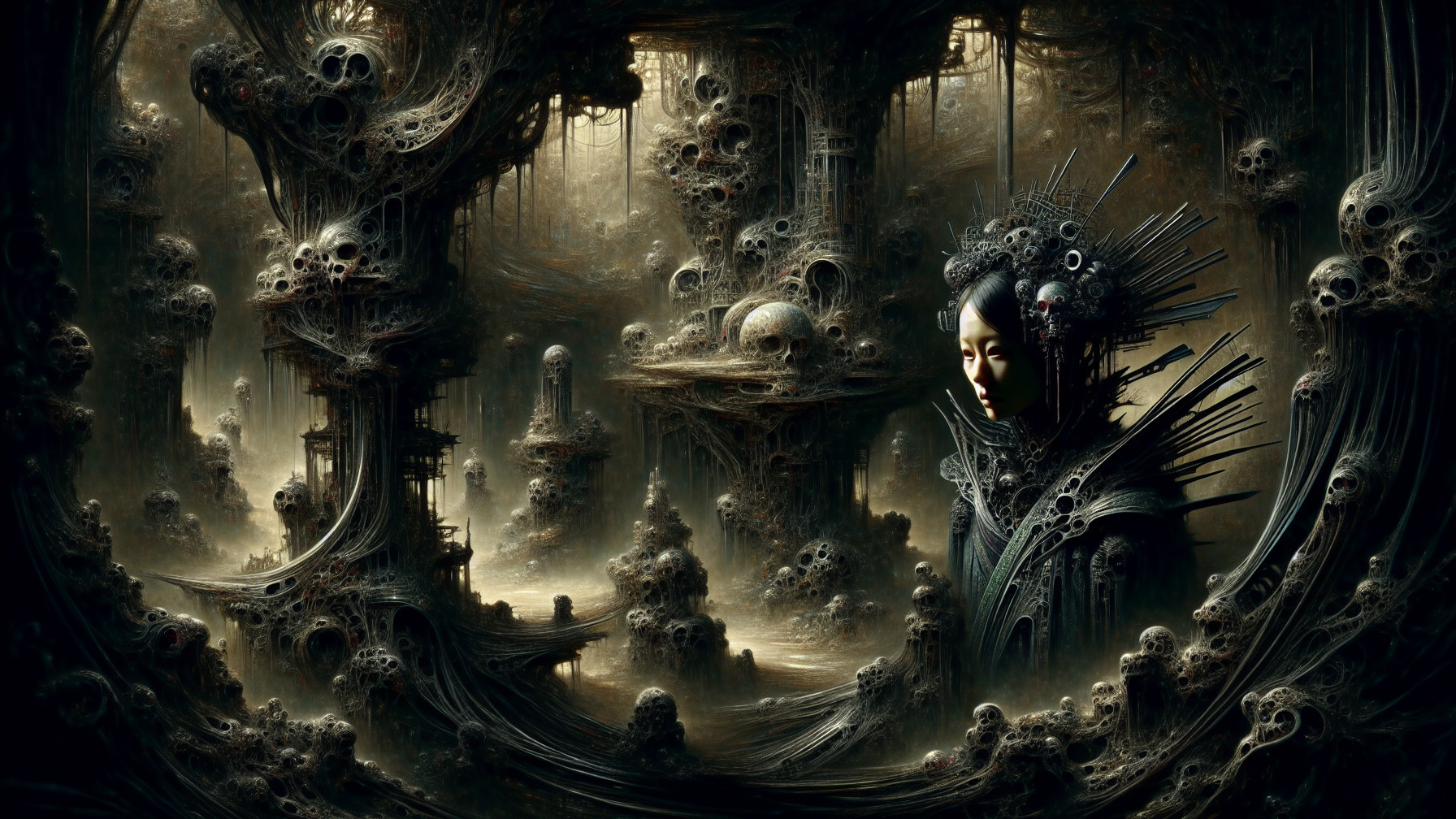 Surreal Landscape with Enigmatic Figure and Skulls
