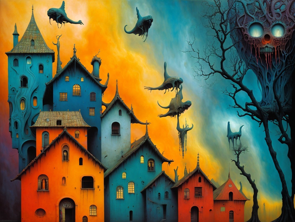 Surreal Landscape with Colorful Houses and Creatures