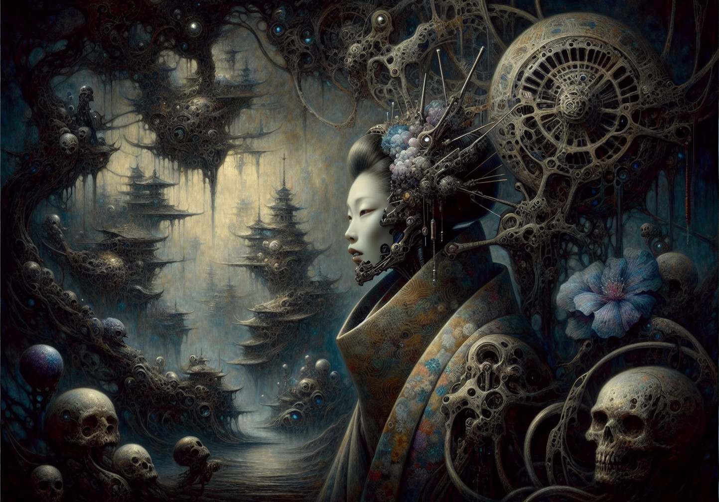 Geisha Figure Surrounded by Steampunk Elements and Skulls