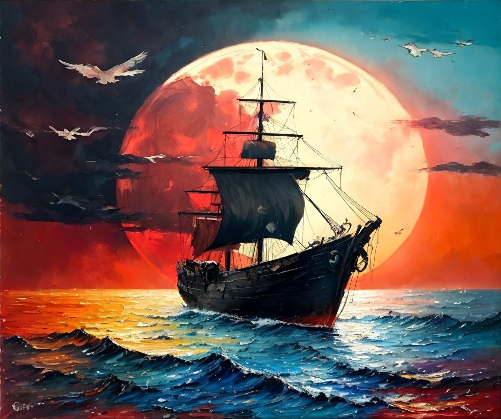 Majestic ship sailing under vibrant sunset skies