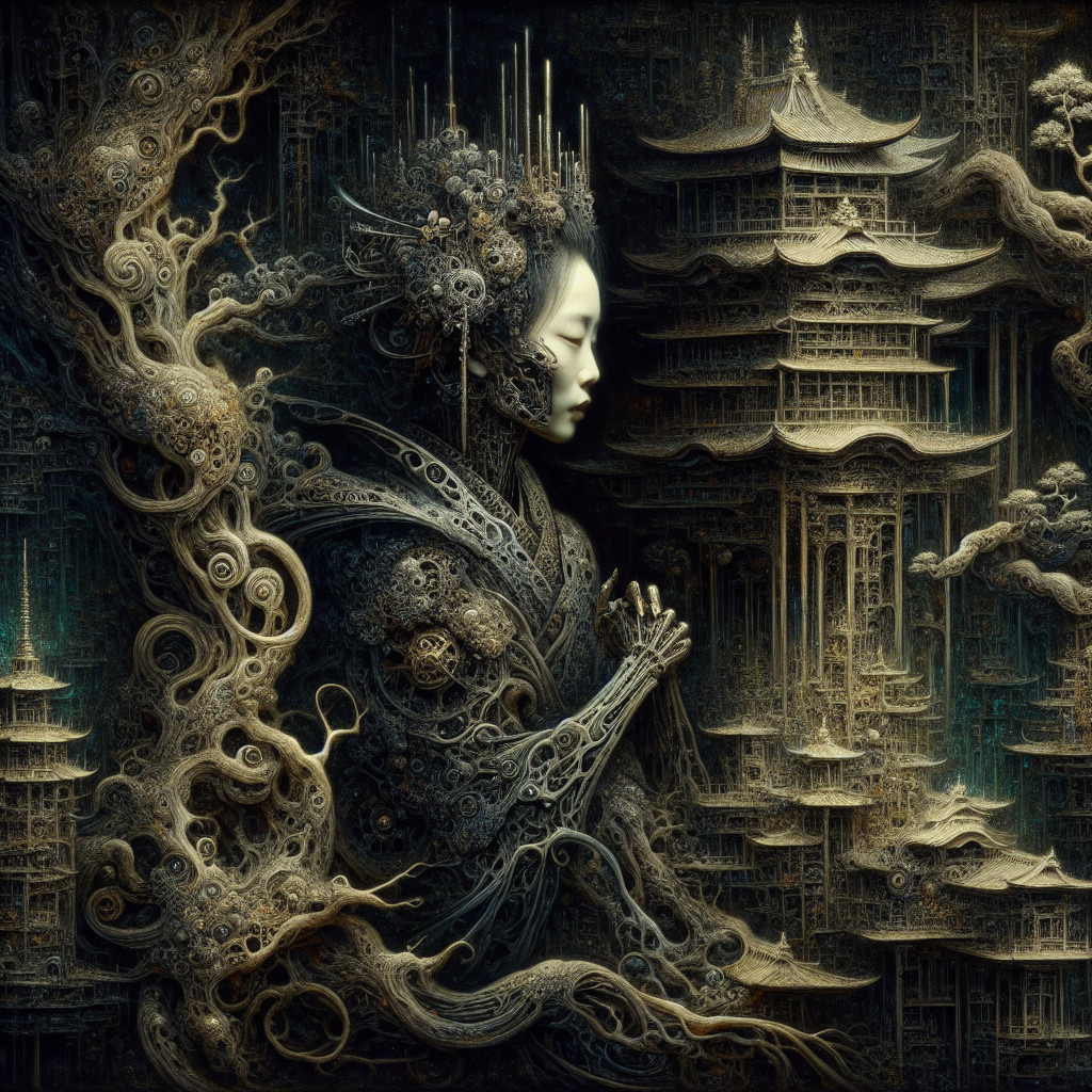 Intricate figure entwined with nature-inspired designs