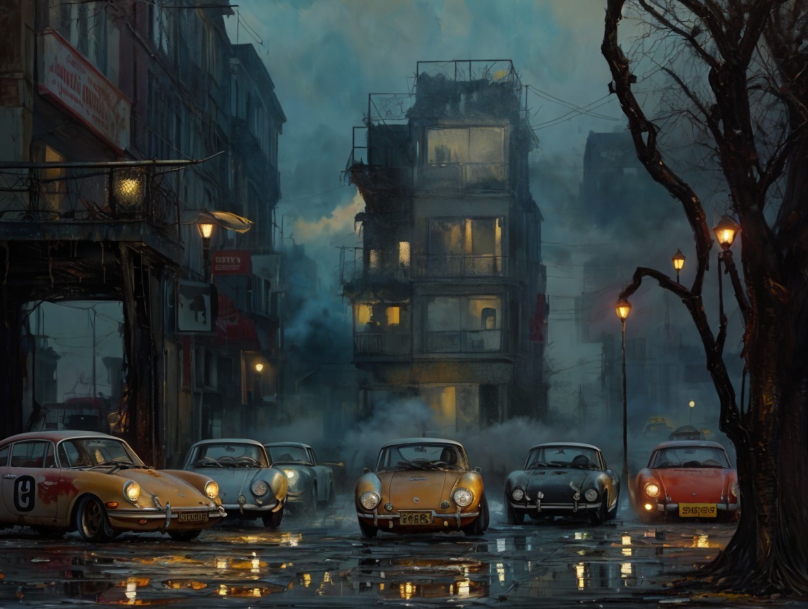 Moody Cityscape with Vintage Cars and Fog at Dusk