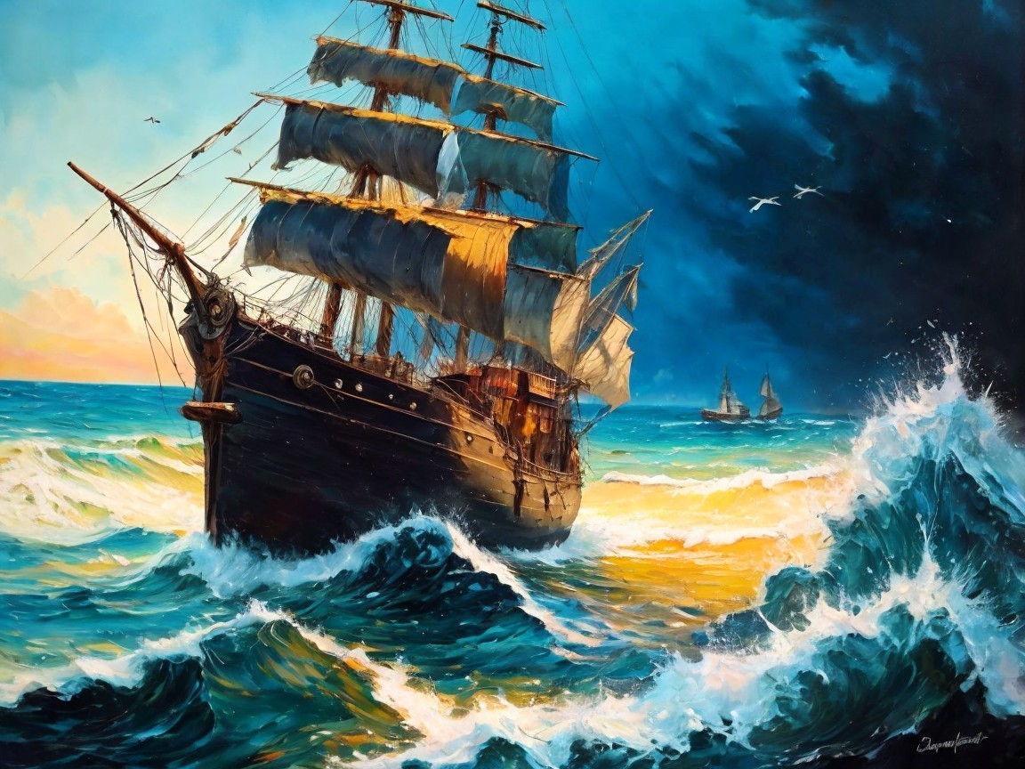 Majestic sailing ship amidst tumultuous ocean waves