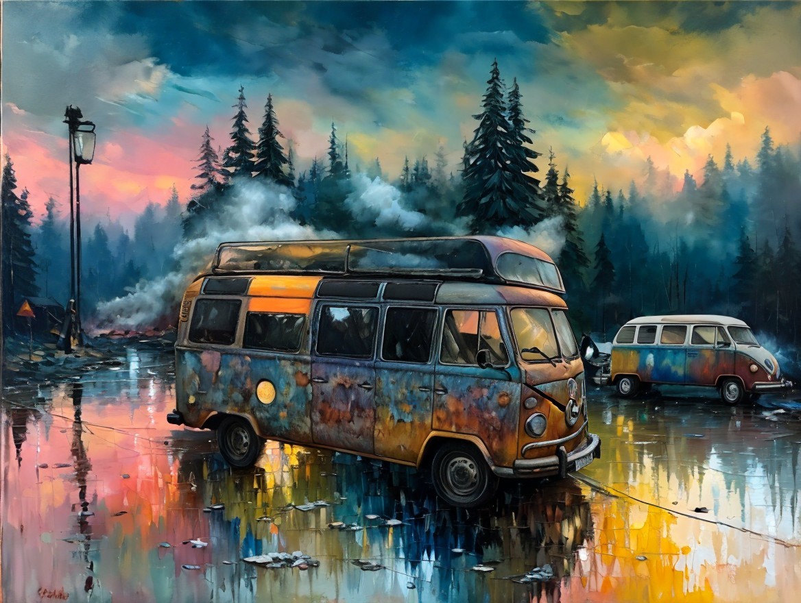 Vintage Vans by Reflective Puddle in Misty Forest