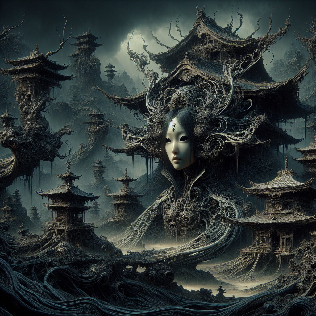Surreal Landscape with Ethereal Face and Pagoda Structures