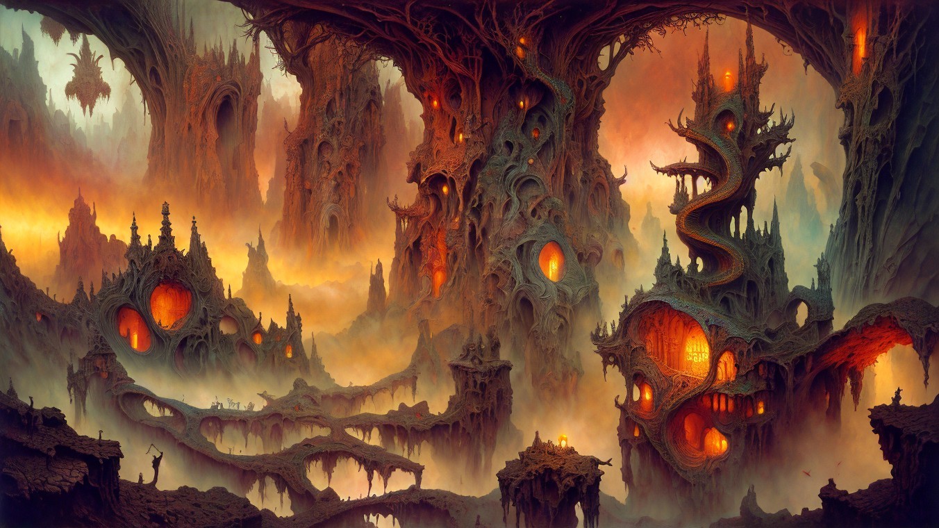 Surreal Landscape with Twisting Structures and Spires