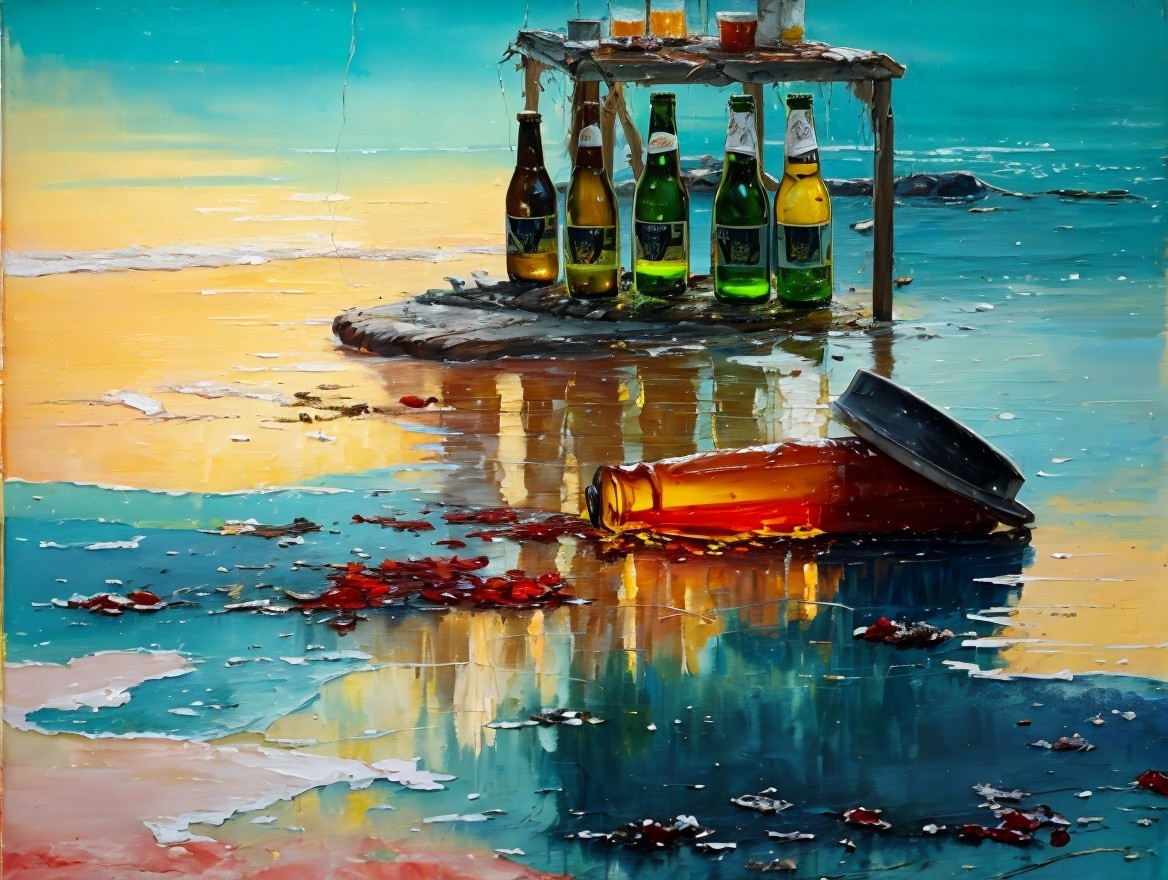 Impressionistic Beach Scene at Dusk with Bottles
