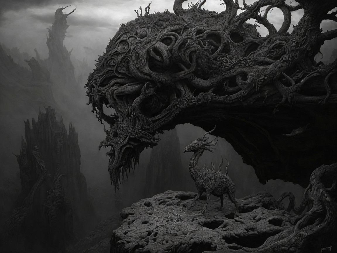 Surreal Dark Landscape with Dragon-like Creature