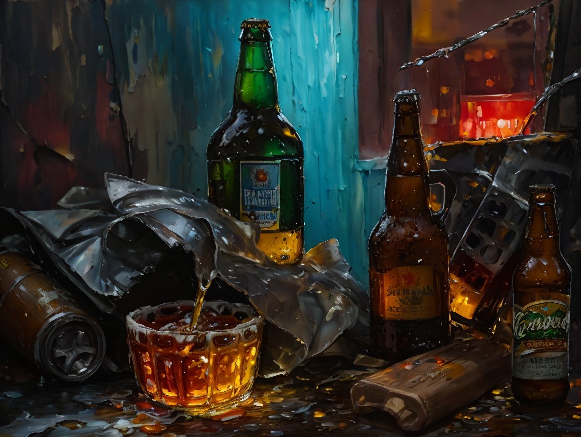 Still Life of Beer Bottles and Glass with Amber Liquid
