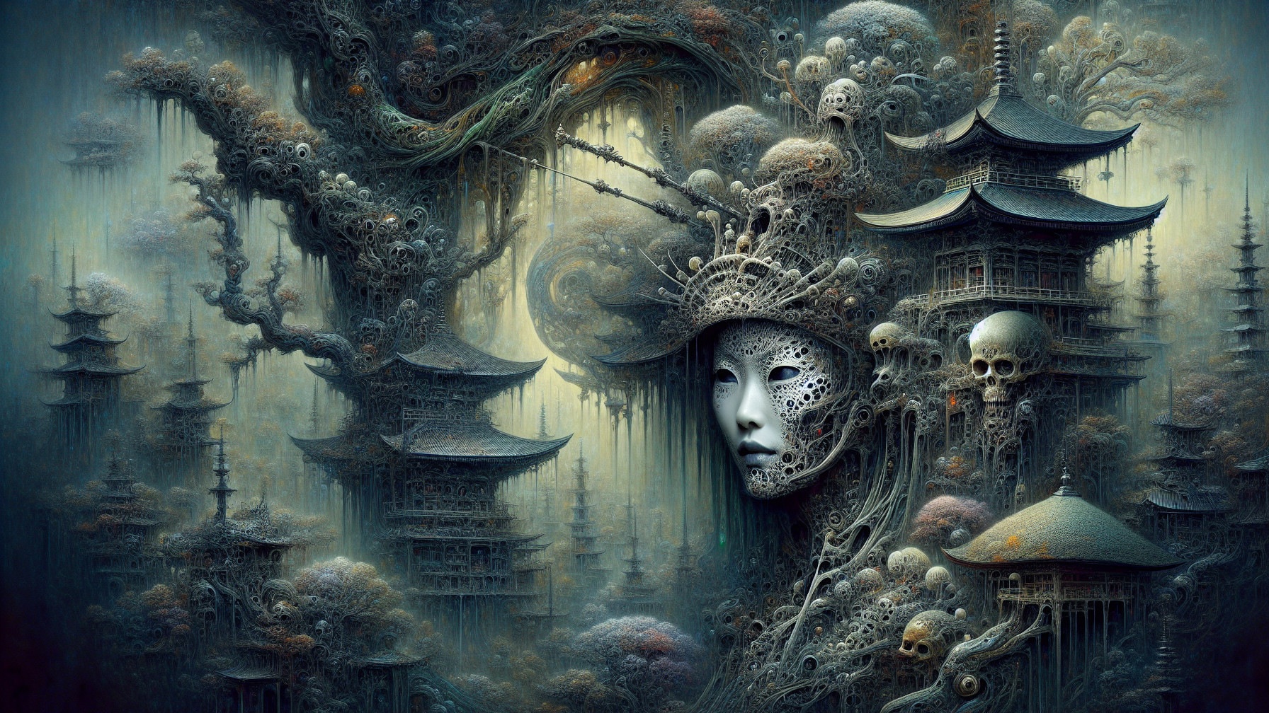 Surreal landscape with Asian architecture and mist
