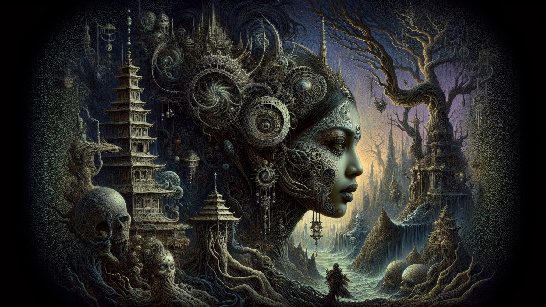 Dark Digital Artwork Featuring Ornate Female Profile