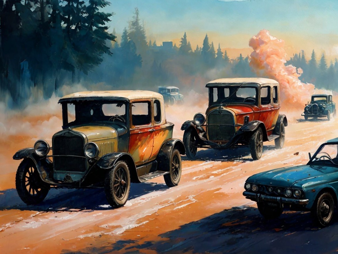 Vintage Cars in Snowy Landscape with Classic Automobiles