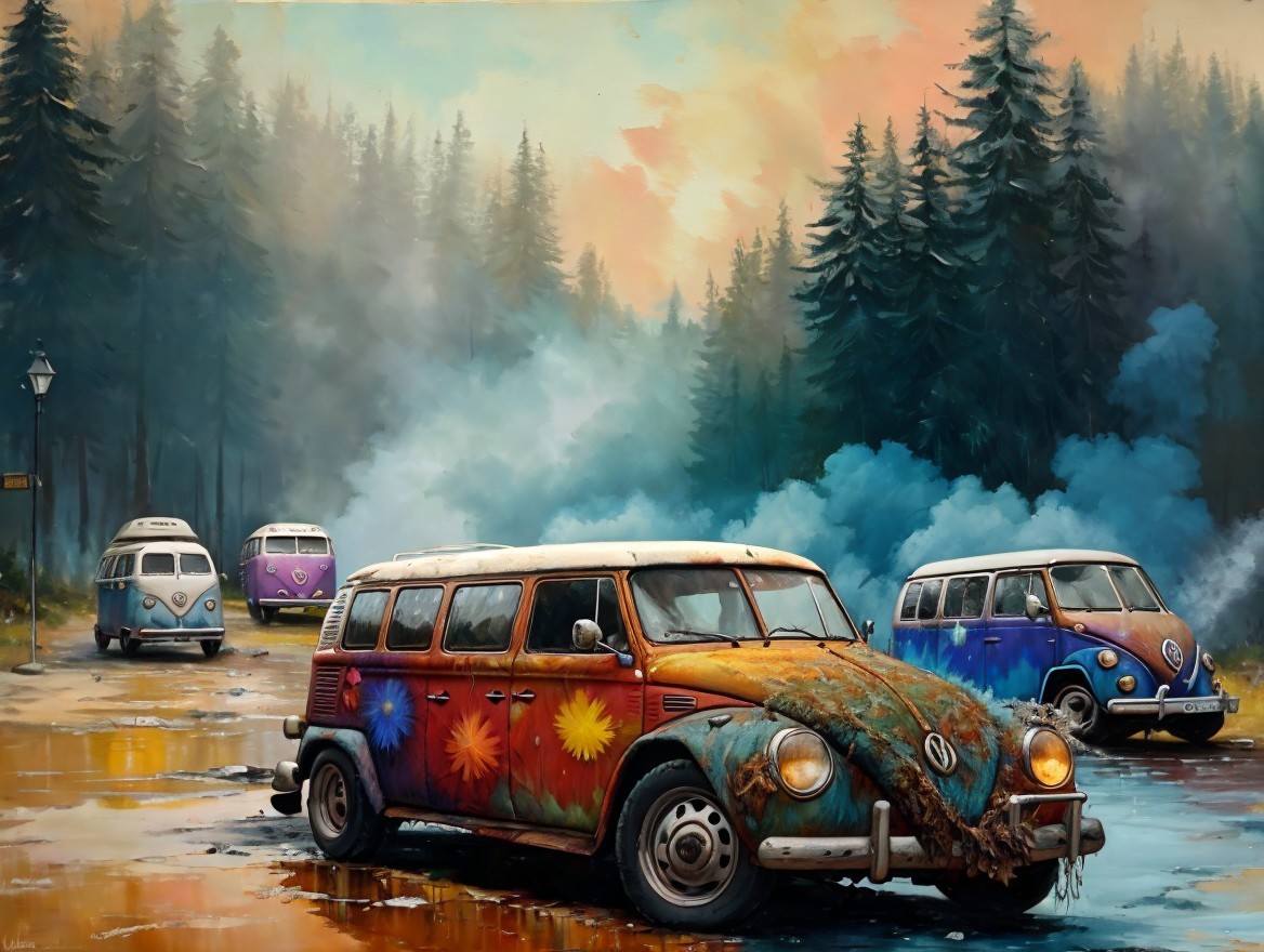 Vintage VW Vans in a Misty Forest Setting