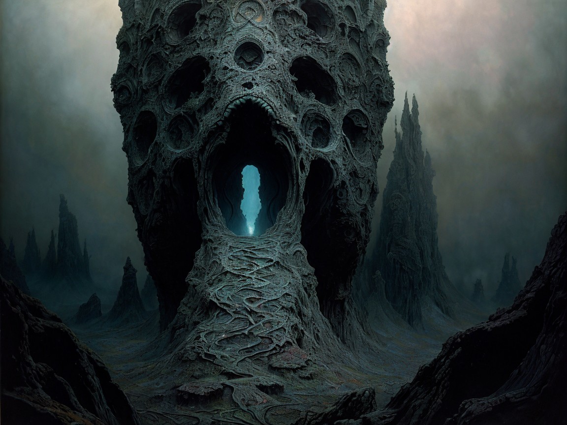 Surreal landscape with a massive skull structure