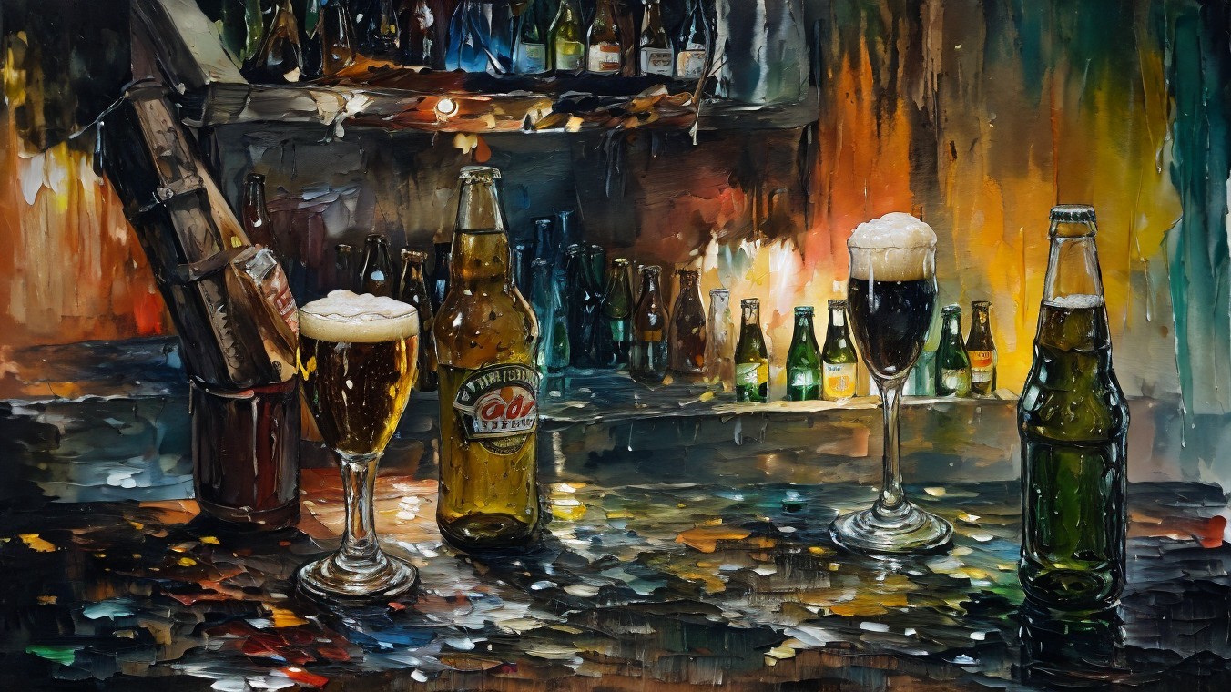Vibrant Bar Scene with Beer Bottles and Glasses