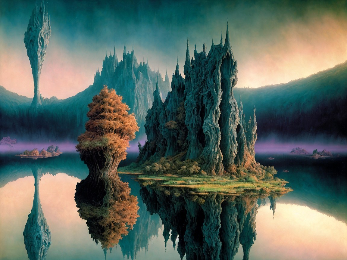 Surreal Landscape with Jagged Mountains and Vibrant Sky