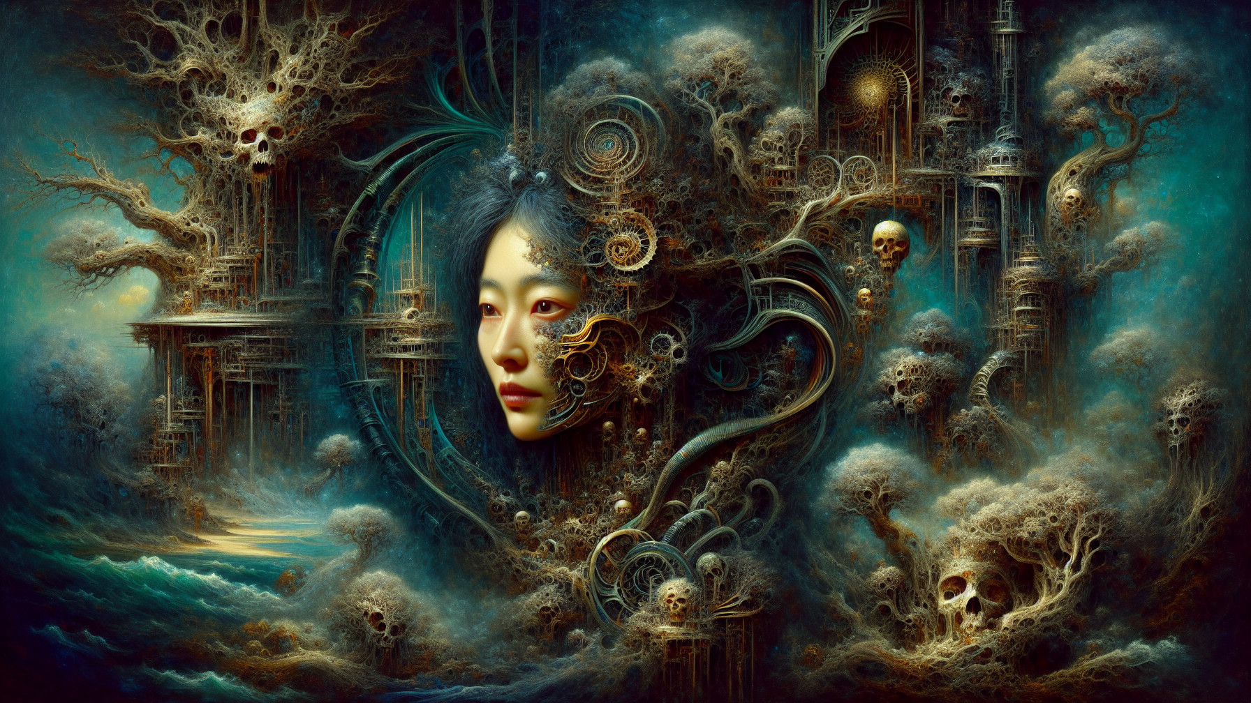 Surreal Landscape with Face and Intricate Patterns