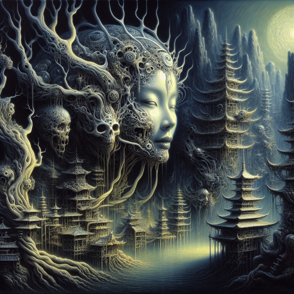 Surreal Landscape with Ethereal Face and Pagodas