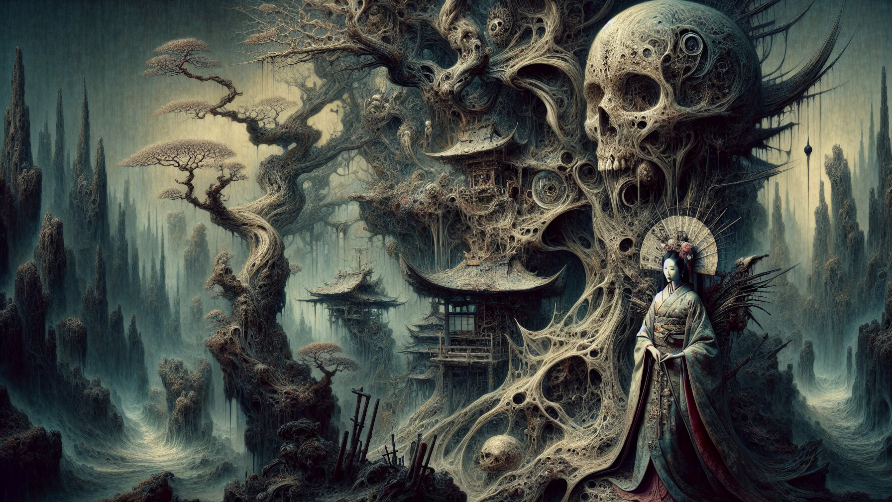 Surreal Landscape Merging Nature and Macabre Elements