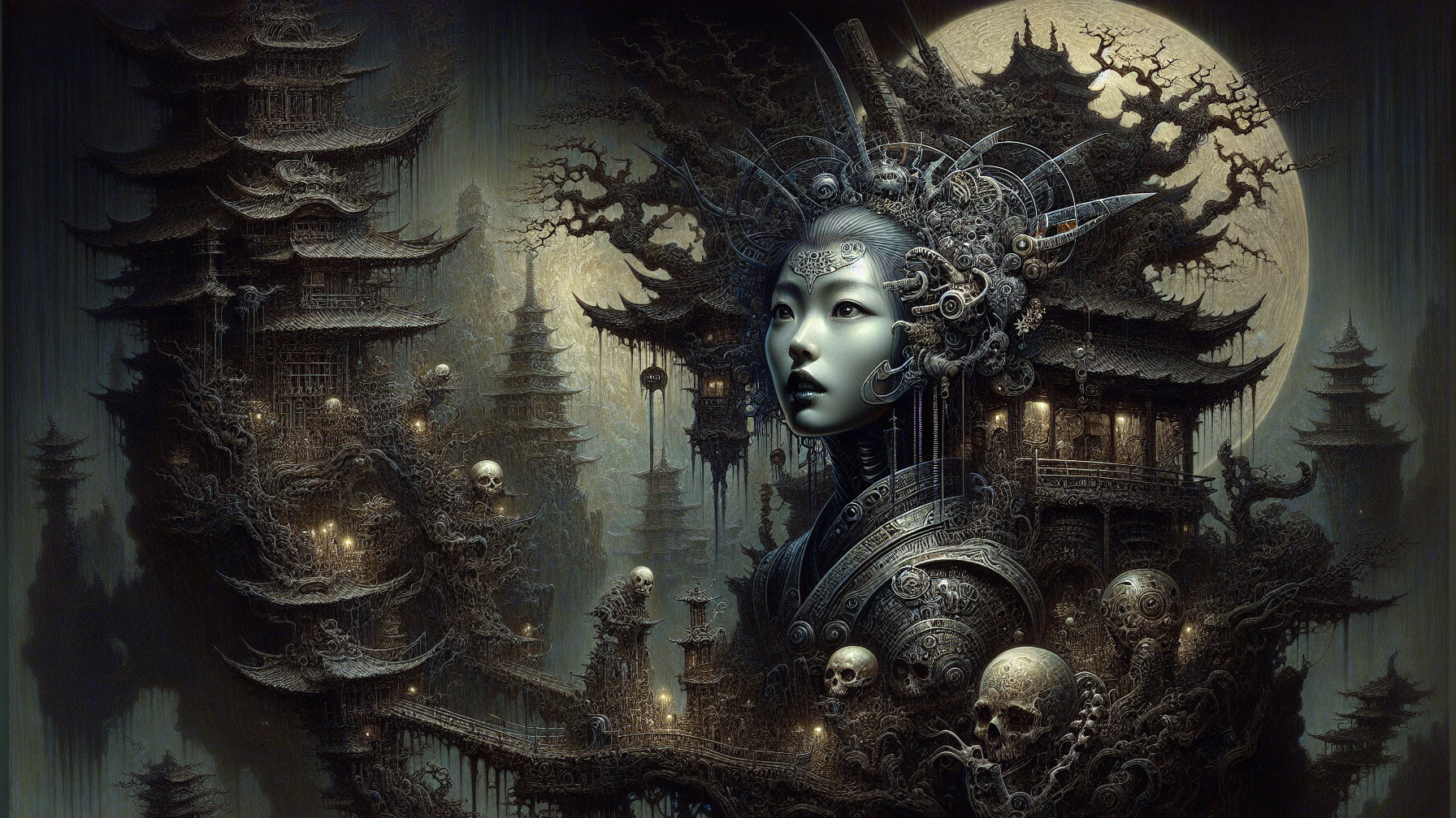 Surreal Landscape with Mystical Figure and Pagodas
