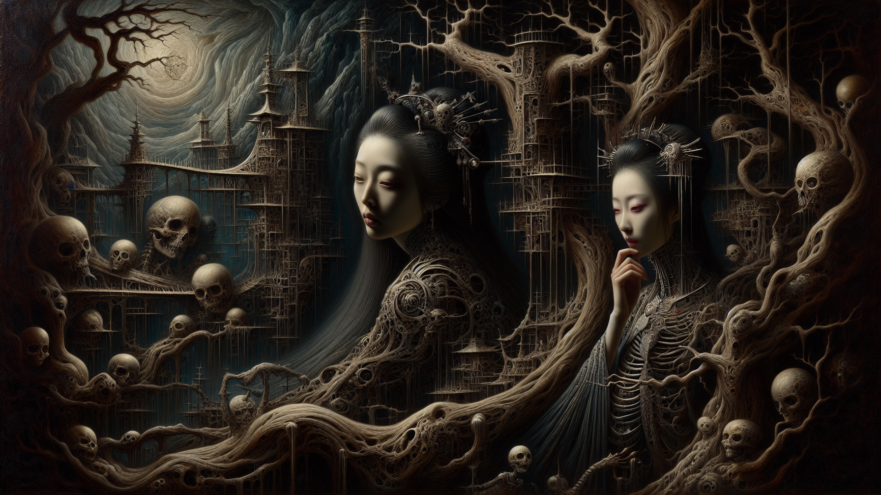 Surreal Gothic Structure with Two Women and Skulls