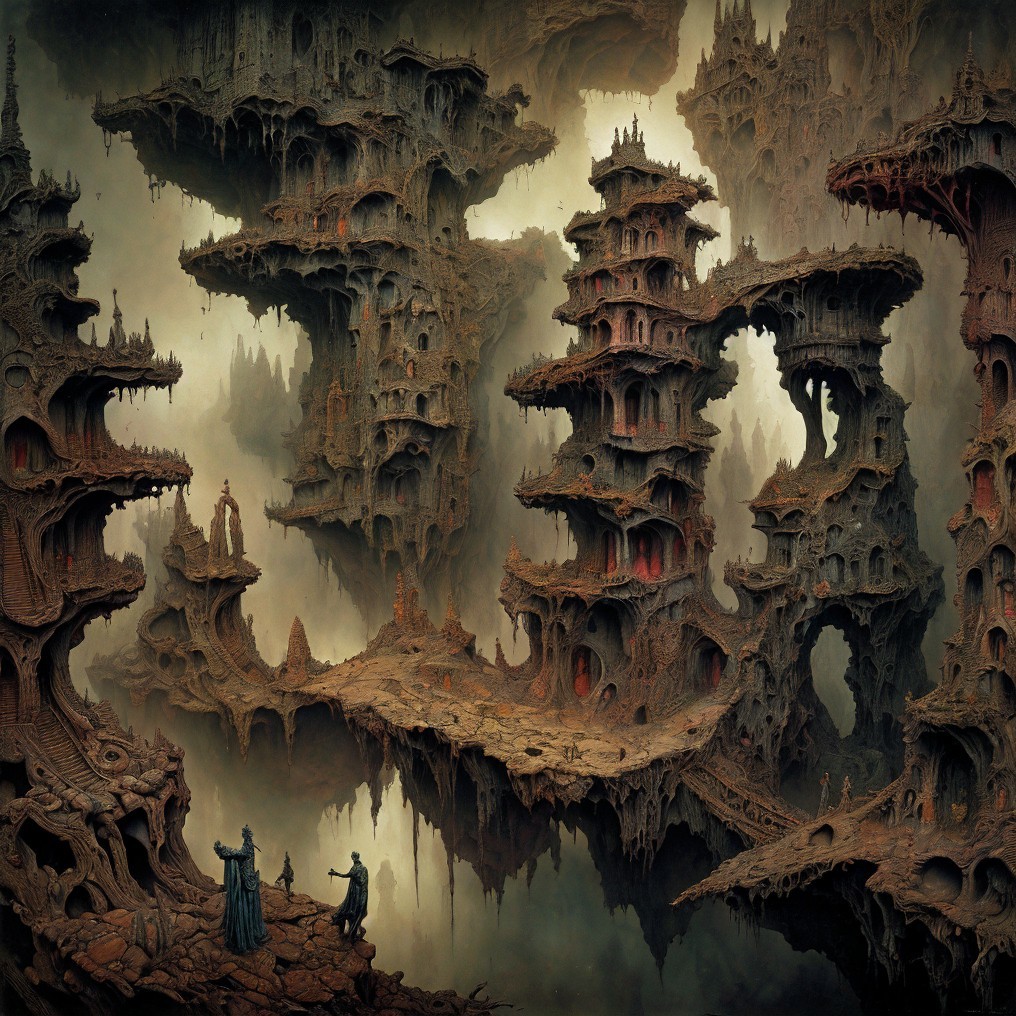 Surreal landscape with warped structures and figures