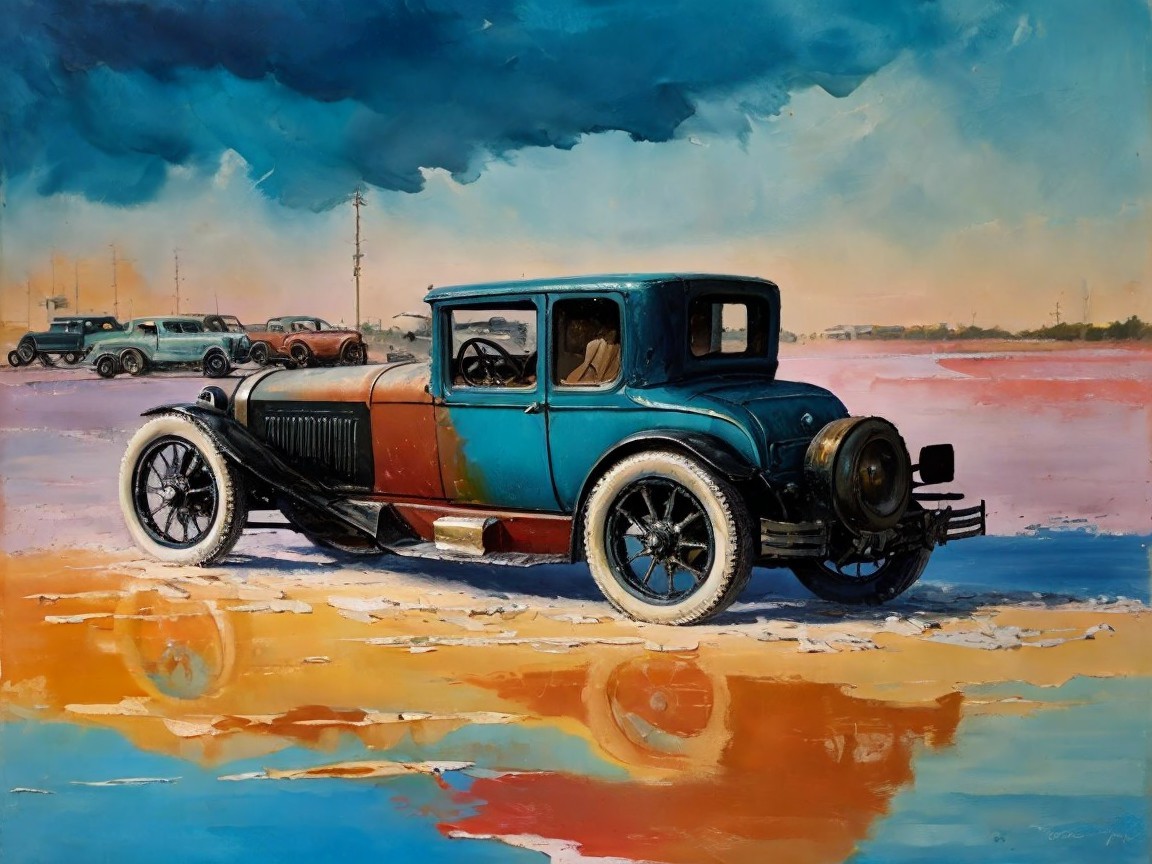 Vintage Blue Car in Colorful Landscape Scene
